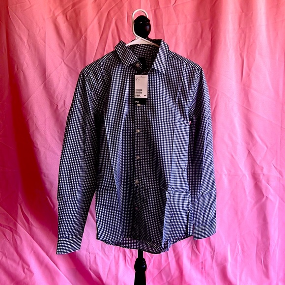 NWT H&M Slim Fit Easy-iron Shirt, Dark-blue checkered (S) - Picture 2 of 3